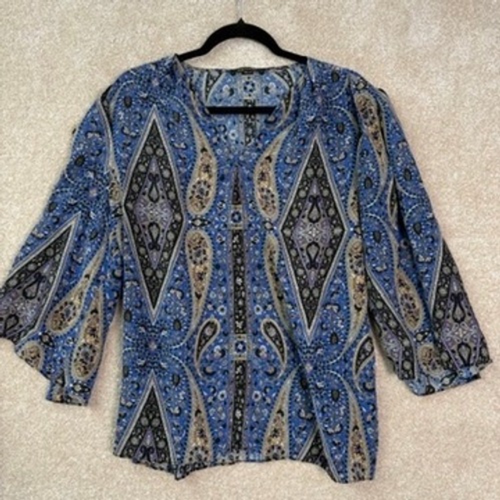 KOBI HALPERIN Blouse Womens XL Blue 100% Silk Paisley Bell Sleeve Boho